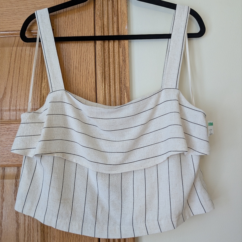 Avec Les Filles Cream And Black Linen Blend Cropped Top Medium